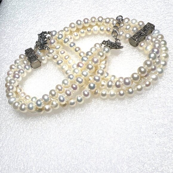 Vintage 3-Strand Glass Pearl Necklace Sterling Silver 925 Clasp Ornate Spacers - Picture 11 of 12